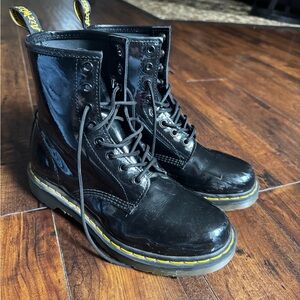 Dr. Martens Shiny Black Boots with Yellow Stitching